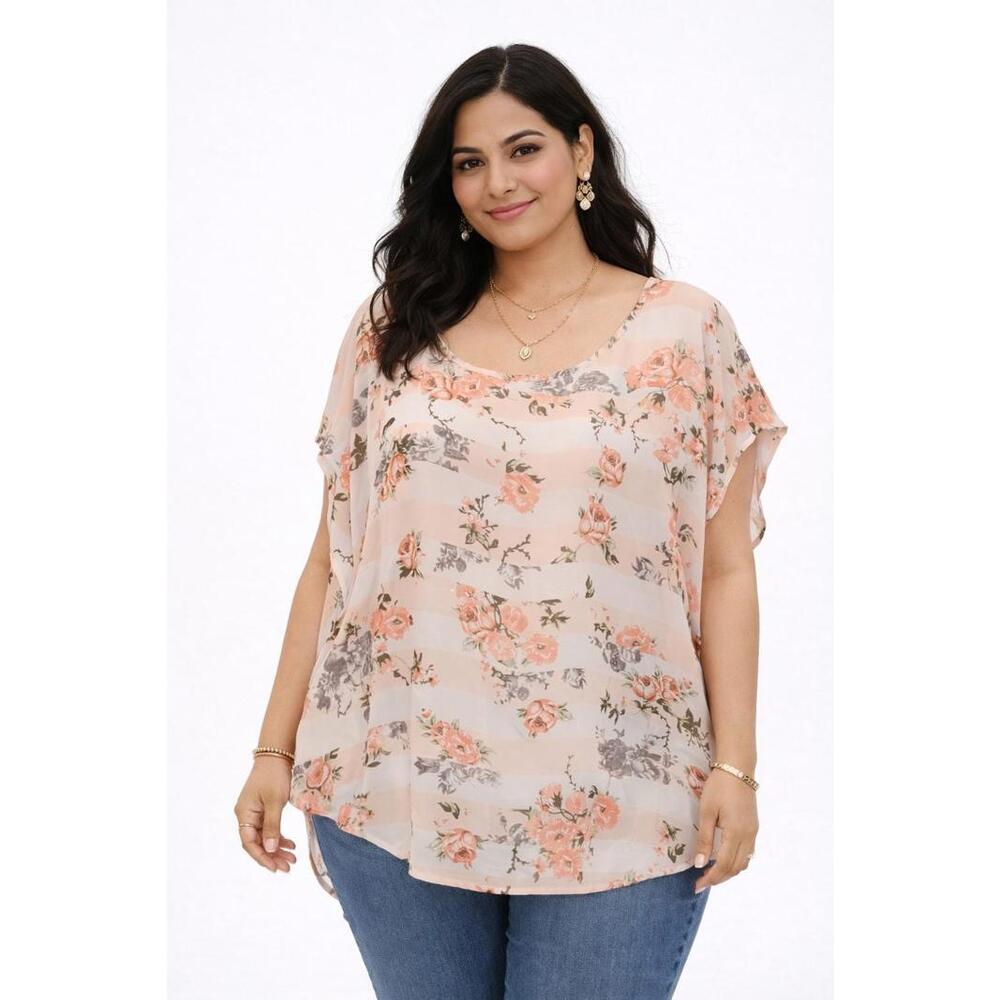 Torrid Pink White Green Striped Floral Print Hi/Lo Chiffon Blouse, 1X